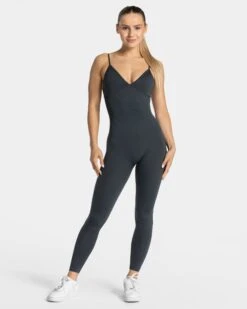 Essence V-Back Covert Scrunch Jumpsuit Ebony - Sculpting Fitness Wear