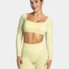 TEVEO Femme Backless Longsleeve Gelb - Rückenfreies Damen Fitness Crop Top