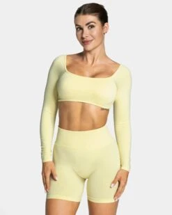 TEVEO Femme Backless Longsleeve Gelb - Rückenfreies Damen Fitness Crop Top