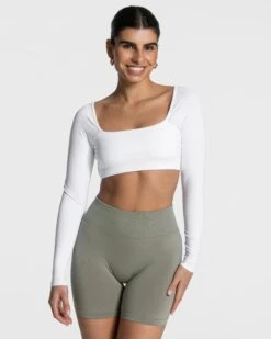 TEVEO Femme Backless Longsleeve - Elegantes Damen Oberteil Weiß