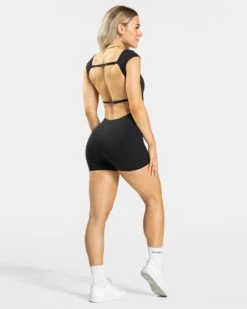 Backless Short Jumpsuit for Women - Black Athletic Yoga Romper