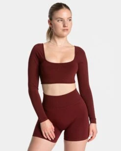 TEVEO Femme Backless Longsleeve Weinrot - Sport-Oberteil mit Rückenausschnitt