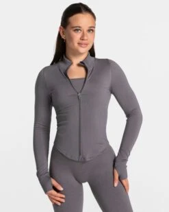 Shaping Zip Jacke Damen Graphit - Figurbetonte Fitness Jacke mit Stehkragen