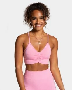Focus Pink Sports Bra - High-Support V-Neck with Scrunch Detail