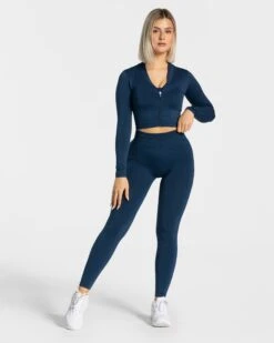 Damen Zip Jacke Dunkelblau | Figurbetonte Statement Sportjacke -Teveo Geschaft Statement Zip Jacke Dunkelblau 0024