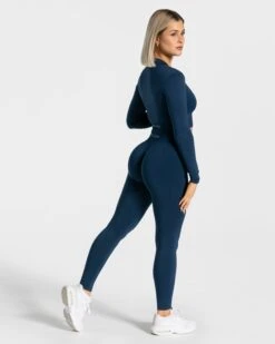 Damen Zip Jacke Dunkelblau | Figurbetonte Statement Sportjacke -Teveo Geschaft Statement Zip Jacke Dunkelblau 0100