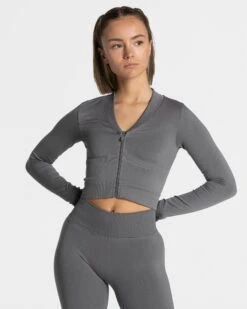 Figurbetonte Damen Zip Jacke Graphit für Sport & Freizeit