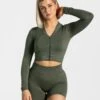 Damen Zip Jacke Khaki – Figurbetontes Statement Fitness-Oberteil