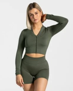 Damen Zip Jacke Khaki – Figurbetontes Statement Fitness-Oberteil