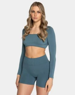 TEVEO Femme Backless Longsleeve Teal - Rückenfraies Damen Sportoberteil