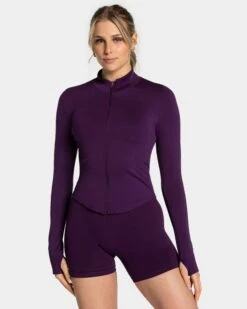Femme Shaping Zip Jacke Aubergine – Figurbetonte Sportjacke mit Stehkragen
