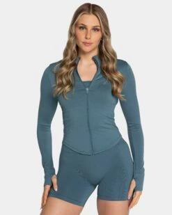 Shaping Zip Jacke Damen Teal - Figurbetonte Fitness Jacke mit Stehkragen