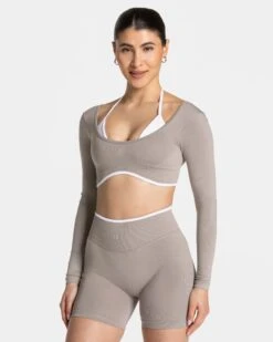 Women's 2-in-1 Fitness Longsleeve with Built-in Bra - Stone Grey