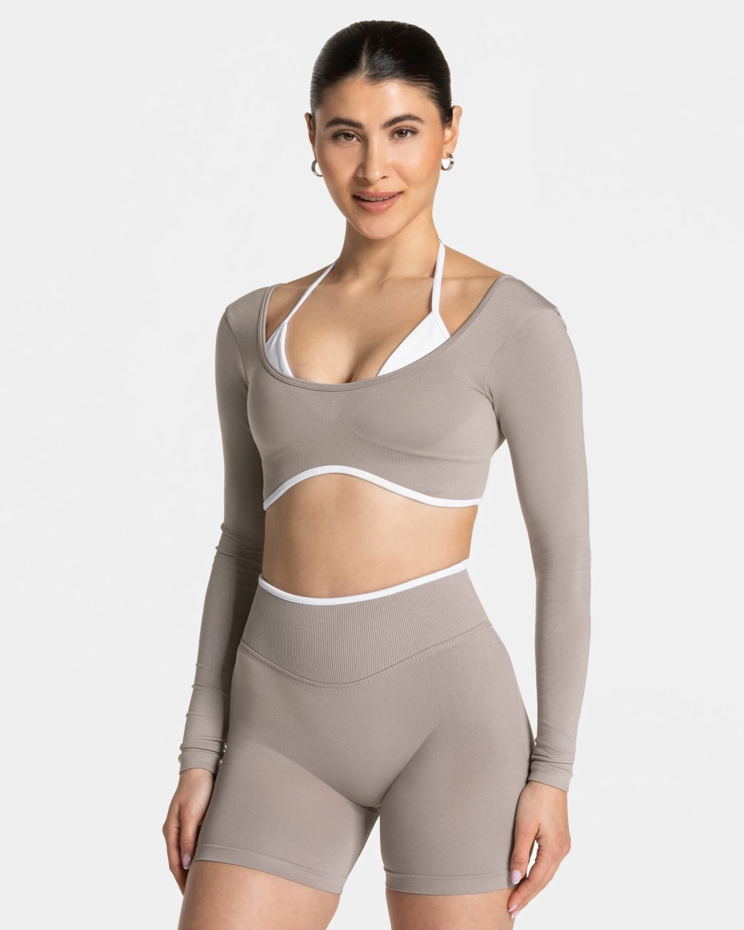 Women's 2-in-1 Fitness Longsleeve with Built-in Bra - Stone Grey 3 Women's 2-in-1 Fitness Longsleeve with Built-in Bra - Stone Grey