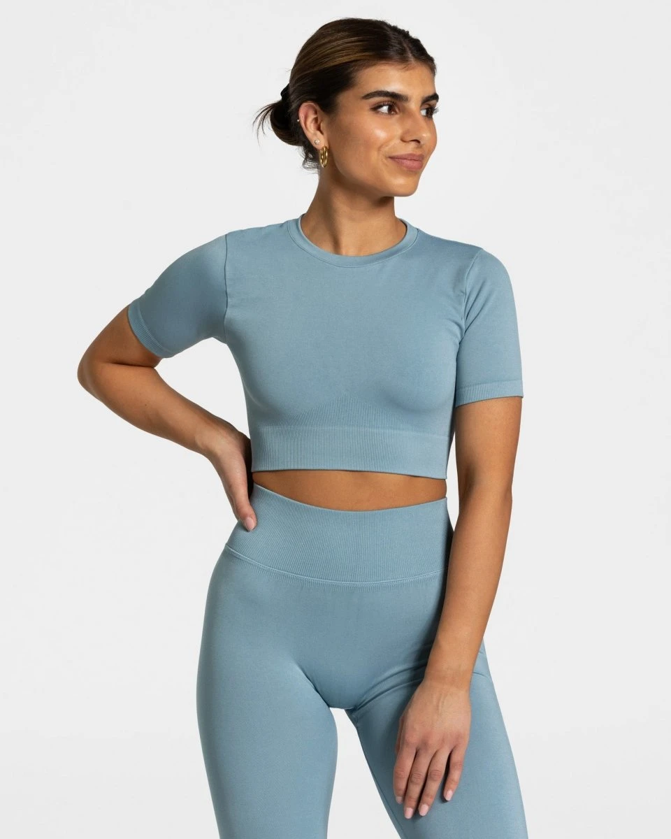 Sensation Fitness Crop Top für Damen in Stahlblau - Formgebendes Sport-Oberteil 3 Sensation Fitness Crop Top für Damen in Stahlblau - Formgebendes Sport-Oberteil